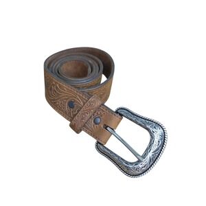 Tony Lama Layla Western Tooled Leather Belt 34 Brown Floral Buckle